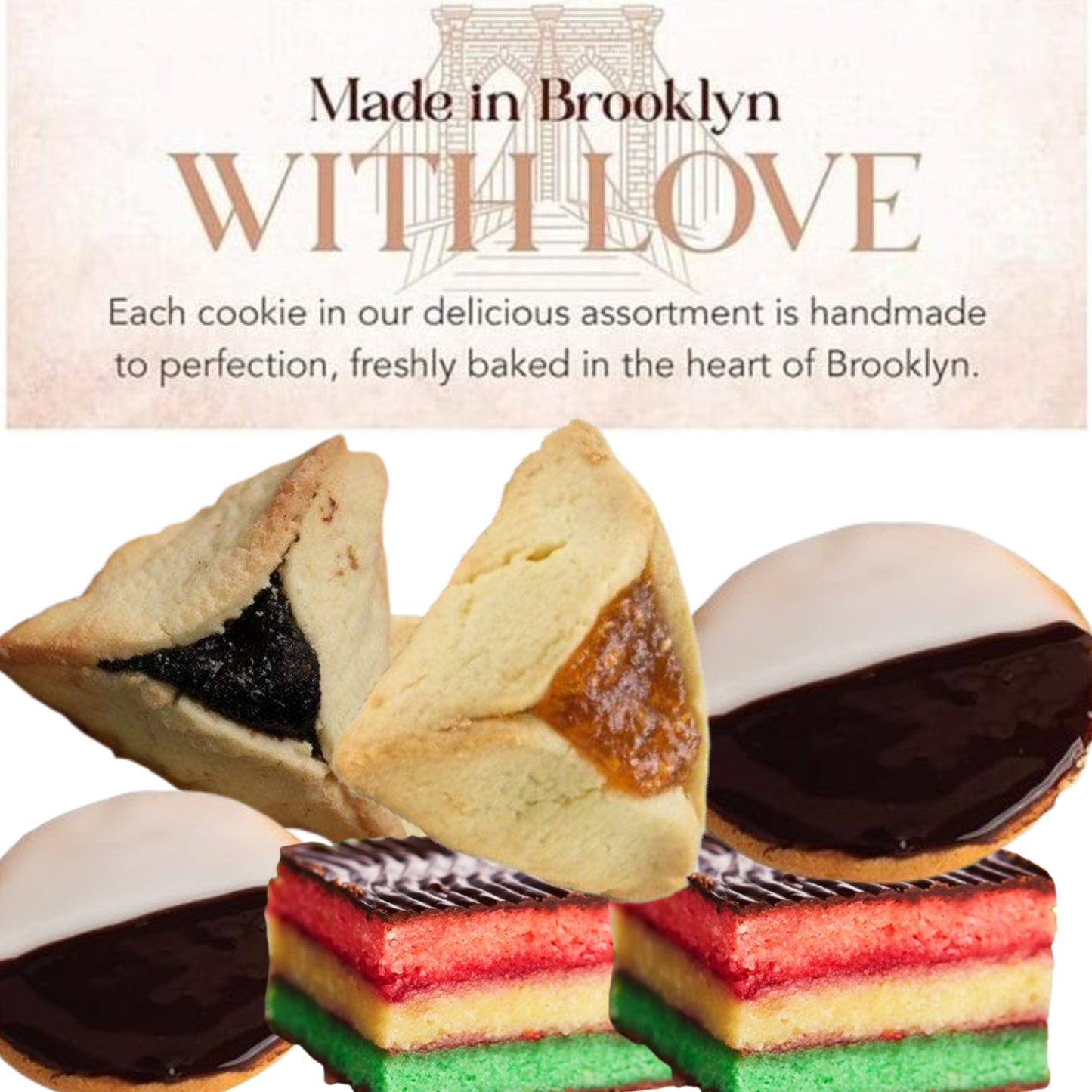 38PC Assorted Food Basket with Black & White Cookies, Rainbow Cake, Raspberry & Apricot Filled Cookies