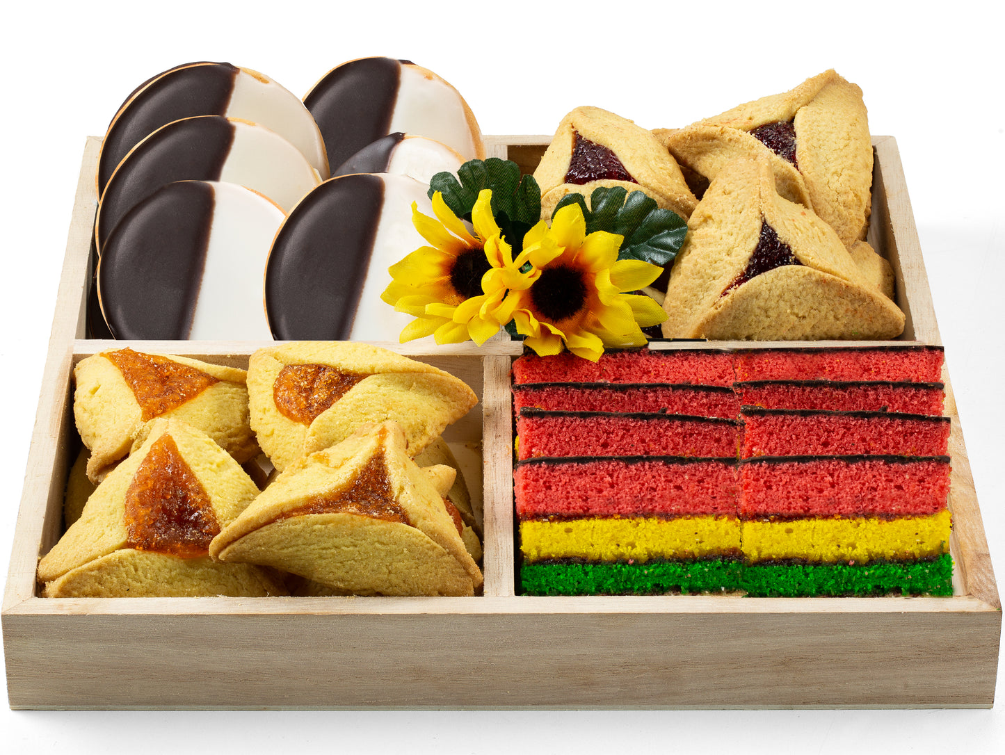 38PC Assorted Food Basket with Black & White Cookies, Rainbow Cake, Raspberry & Apricot Filled Cookies