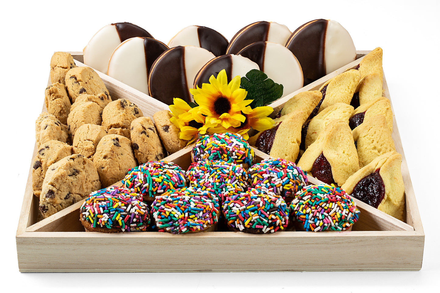 47PC Assorted Food Basket with Black & White Cookies, Sprinkle Cupcakes, Chocolate Chip Cookies, Apricot Filled Cake