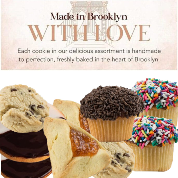 47PC Assorted Food Basket with Black & White Cookies, Sprinkle Cupcakes, Chocolate Chip Cookies, Apricot Filled Cake