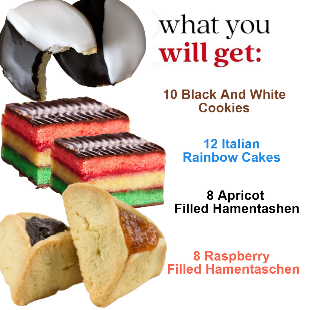 38PC Assorted Food Basket with Black & White Cookies, Rainbow Cake, Raspberry & Apricot Filled Cookies