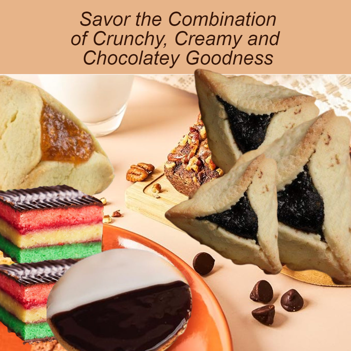 38PC Assorted Food Basket with Black & White Cookies, Rainbow Cake, Raspberry & Apricot Filled Cookies