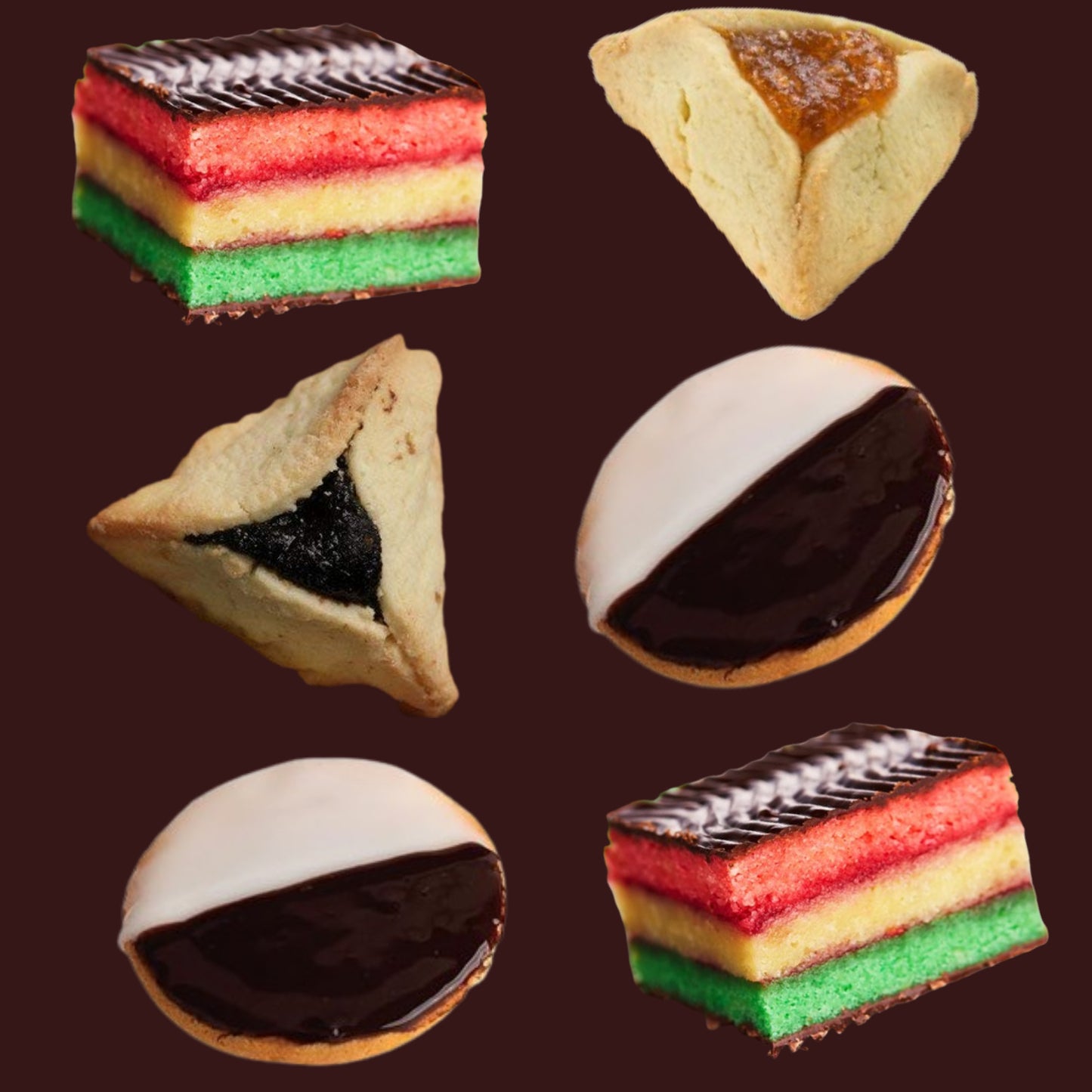 38PC Assorted Food Basket with Black & White Cookies, Rainbow Cake, Raspberry & Apricot Filled Cookies
