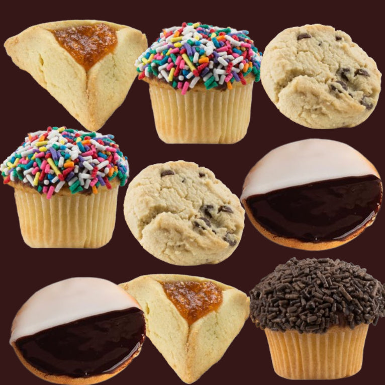 47PC Assorted Food Basket with Black & White Cookies, Sprinkle Cupcakes, Chocolate Chip Cookies, Apricot Filled Cake